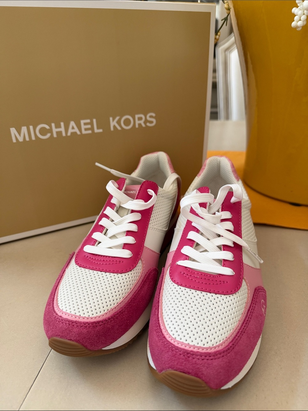 Michael Kors White and Hot Pink Perforated Leather & Suede Sneakers